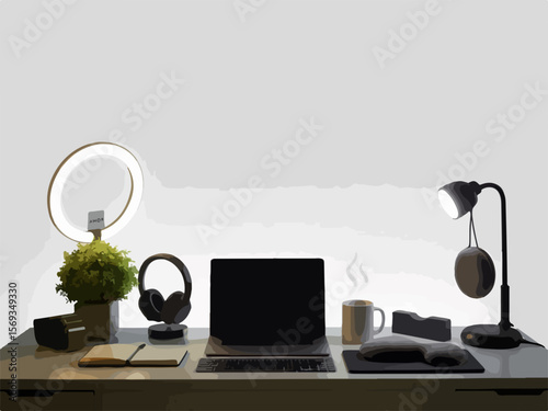 Modern home office desk setup with laptop headphones ring light plant and steaming coffee mug in a minimalist silhouette style
