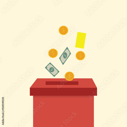 Donation box charity to the poor and needy people.Paper money and gold coins pouring into the donation box  Vector illustration