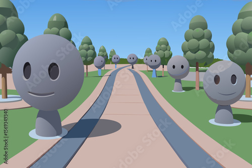 Smooth Paved Trail Lined With Modern Sculptures In A Park