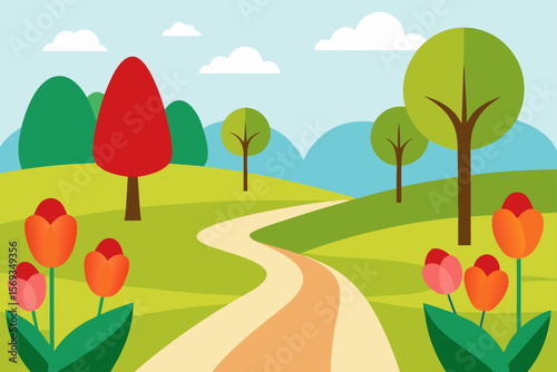 Springtime Path Through A Park Filled With Tulips