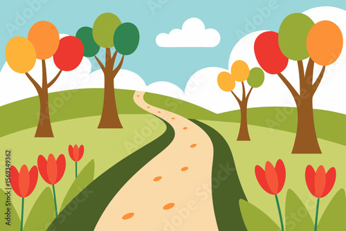 Springtime Path Through A Park Filled With Tulips