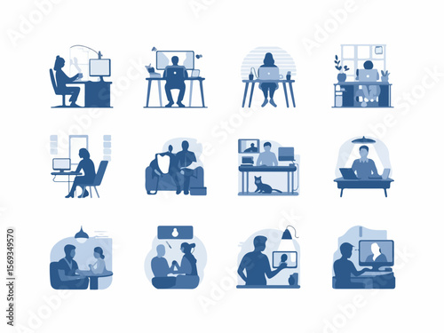 Collection of twelve diverse blue silhouette illustrations depicting people working remotely from home and in various casual settings