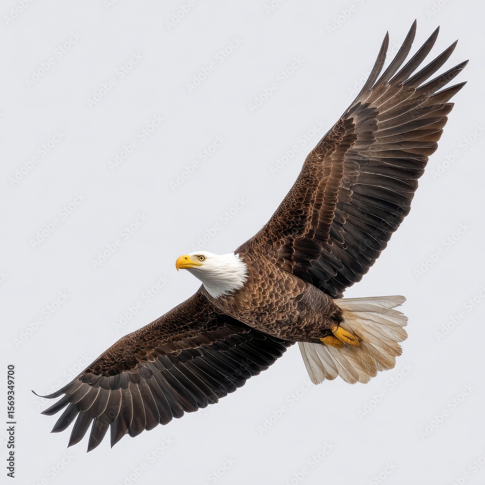 Fototapeta premium Majestic Bald Eagle in Flight Powerful Wings Sharp Gaze Avian Wildlife Photography