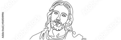 Jesus face, vector, black line drawing, minimalistic, single line, simple line, isolated, transparent background 