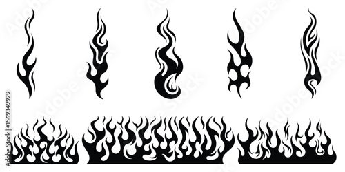 Silhouette Fire flames. Old school tattoo neo-tribal style or silhouette flame for cars. set vector icons. Fire sign. Fire flame icon isolated on white background. Vector illustration	