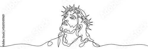 Jesus wearing a crown of thorns, vector, black line drawing, minimalistic, single line, simple line, isolated, transparent background 