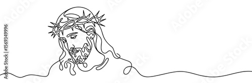 Jesus wearing a crown of thorns, vector, black line drawing, minimalistic, single line, simple line, isolated, transparent background 