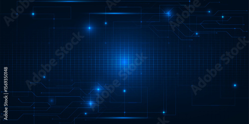 Vector illustrations of abstract blue digital hi tech background with glowing horizontal line and digital element circuit pattern.Digital technology concept.	