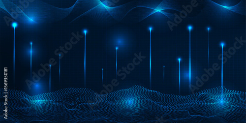 Abstract futuristic digital technology background with glowing dots floating on digital landscape and wave wireframe above for game graphic and advertising artwork.Vector illustrations.	