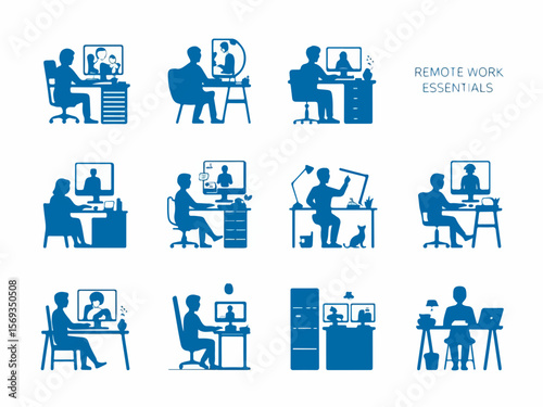 Collection of blue silhouette icons representing remote work essentials and home office setups with people using computers and engaging in video calls
