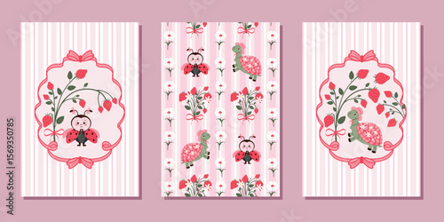 A set of modern flat vintage templates for posters, flyers, postcards, and seamless drawings with a funny turtle in a hat, a ladybug, a berry bouquet, and flowers. Vector design.