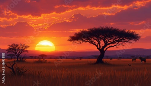 create a portrait illustration of a savanna at sunset, the subject should be positioned in the top left corner, allowing for ample copy space in the bottom right corner