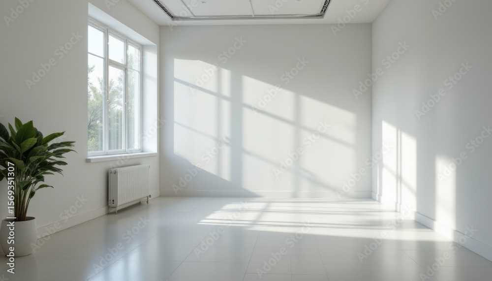 Fototapeta premium create an image of an empty white room bathed in sunlight from a window, the room features a technology focused interior design with shadows cast by the window light