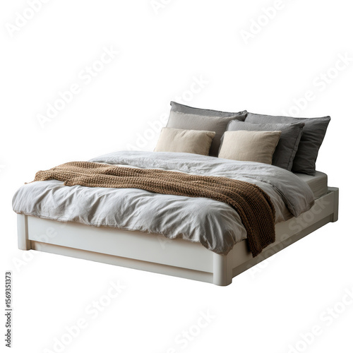 A cozy bed with pillows and a blanket isolated on transparent background