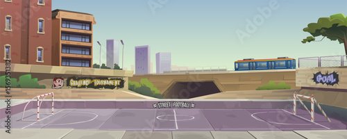 Football pitch for street football competitions. Suburban area, concrete arena with markings, graffiti, railway bridge with tunnel, train carriage. Game level, parallax background, vector cartoon.