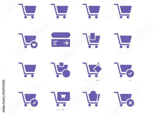 Collection of purple shopping cart icons representing various e commerce functions and actions in a clean silhouette style