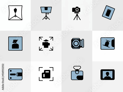 Collection of photography and videography icons in a simple silhouette style featuring cameras lighting equipment and portrait elements silhouette