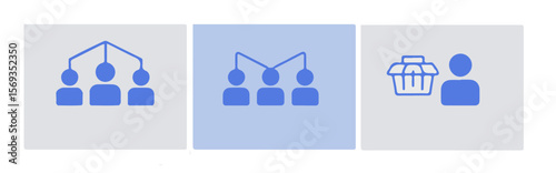 Three simple blue silhouette icons depicting team structure and individual shopping in a minimalist flat design style silhouette