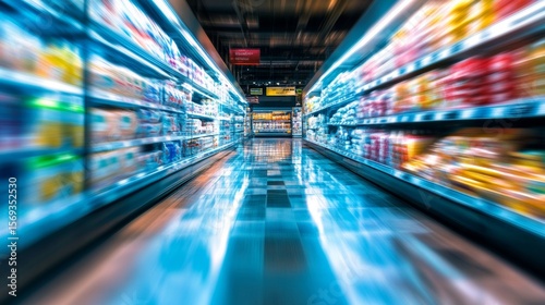 Motion blur inside supermarket aisle with blue tones and fast dynamic shopping visual experience