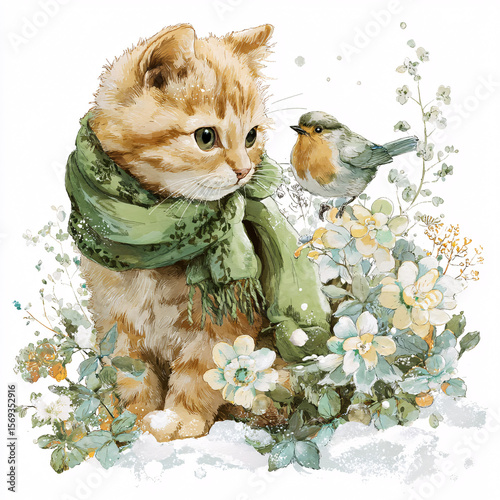 Adorable ginger kitten in a green scarf with a little bird friend. Whimsical winter and spring watercolor illustration.