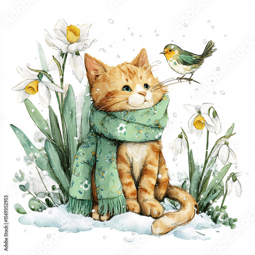 Smiling ginger kitten in a scarf with a bird, surrounded by snow and spring daffodils. Whimsical watercolor illustration.