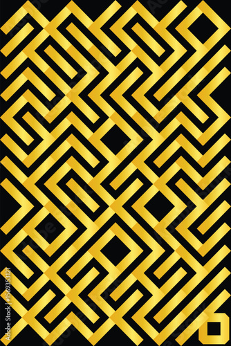 Elegant golden geometric pattern on a dark background, displaying intricate maze-like designs that evoke sophistication and luxury. Perfect for backgrounds, wallpapers.
