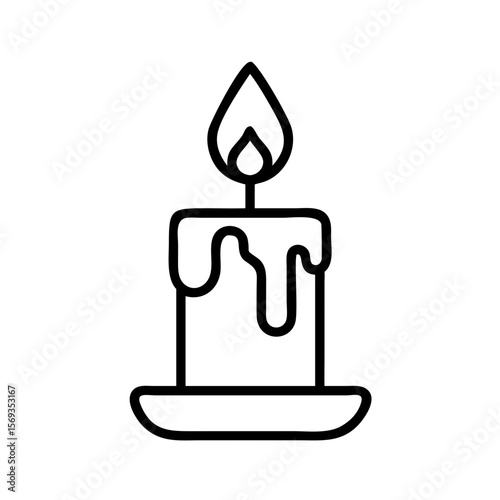 Candle with melting wax on plate and flame illuminated above  