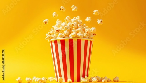 Striped paper cup overflows with popcorn against sunny yellow; airborne kernels add playful energy,  texture,   still life