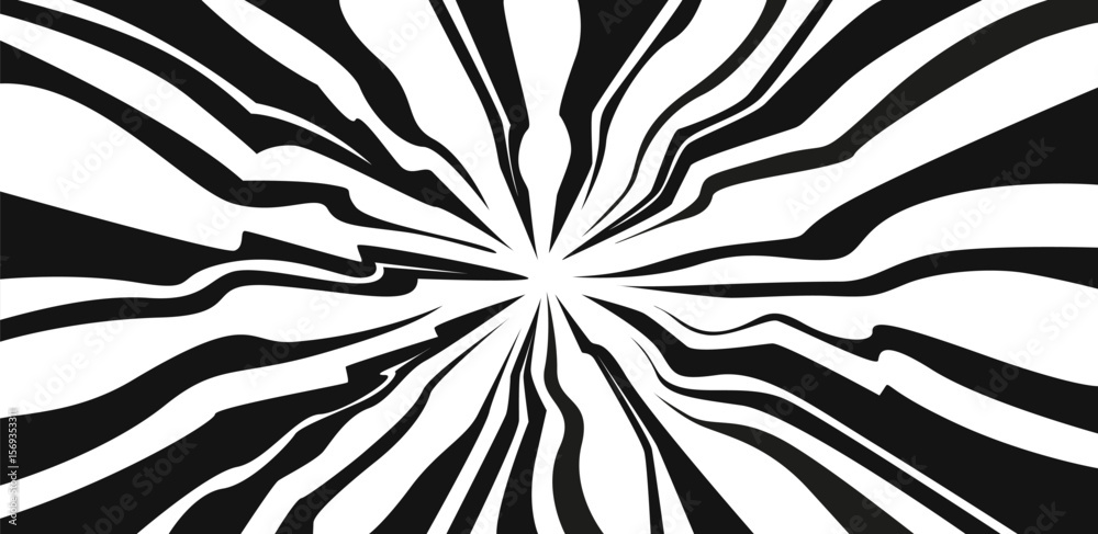 Abstract radial lines on black background. Radial lightnings directed to the center screen. Comic book, anime style. Black and white vector illustration.