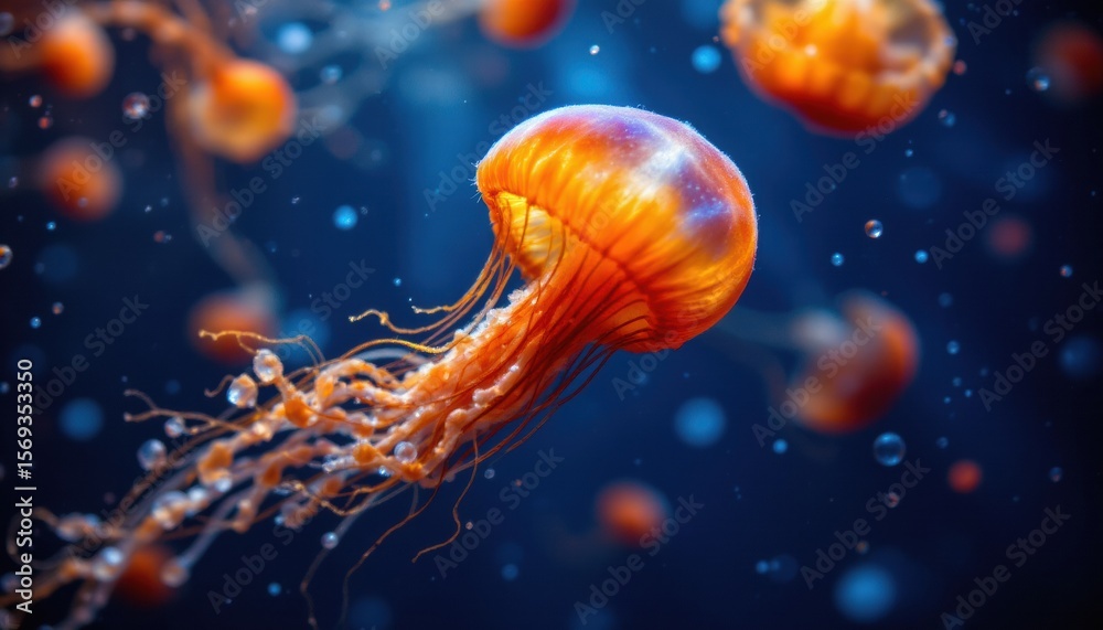 Naklejka premium vibrant jellyfish copy space: a jellyfish with orange and blue tentacles floats in the dark water, the vibrant colors of the jellyfish stand out against the deep, dark water
