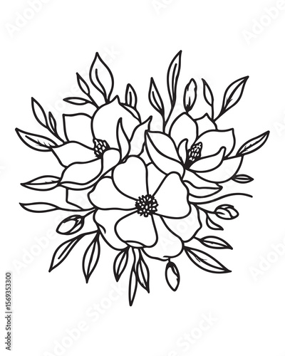 Elegant black and white magnolia floral arrangement with detailed outline on white background