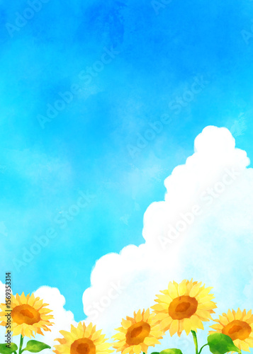ひまわりと入道雲と青い空の水彩画