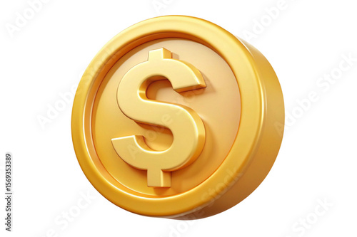 Golden dollar coin with a raised dollar sign symbol isolated on transparent background