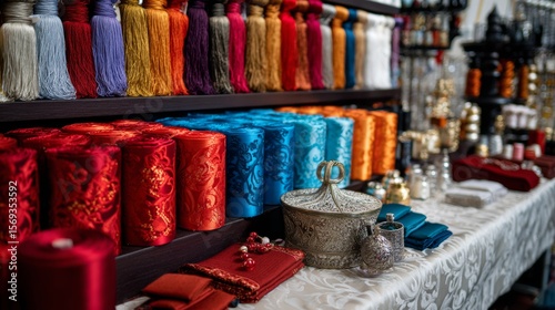 Colorful textiles arranged vertically in market stall display with patterns and bright lighting decor setup