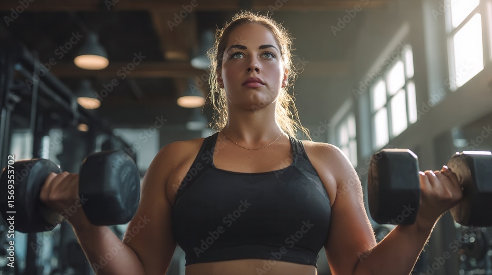 Fototapeta premium Confident plus-size woman lifting weights and exercising in a gym setting.