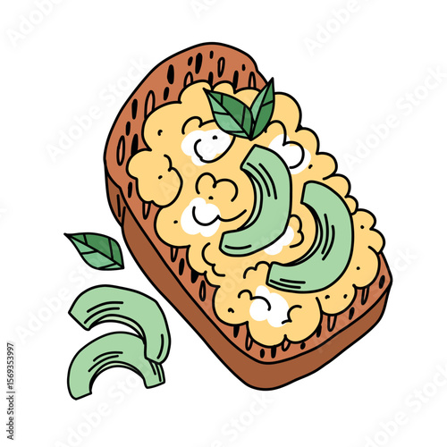 Brioche with scrambled egg and avocado slices, healthy breakfast doodle style, avocado toast