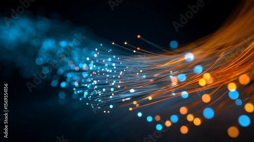 Abstract Fiber Optic Cables Glowing in Blue and Orange Lights