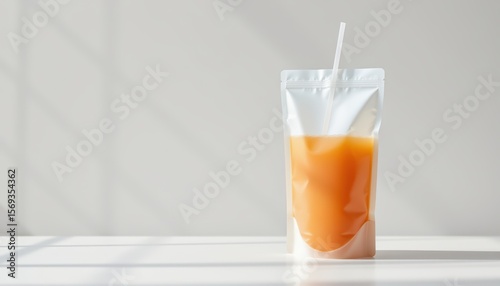 create a clear and optimized photo of an empty clear plastic drink pouch mockup with straw spout isolated on white background under crisp sunlight