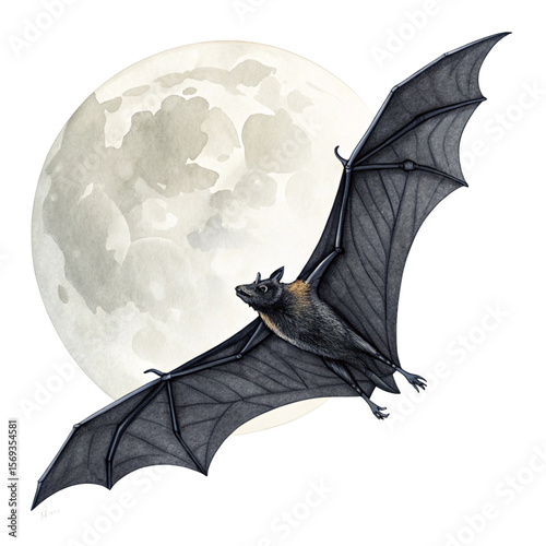 A bat flying gracefully at night under moonlit sky 