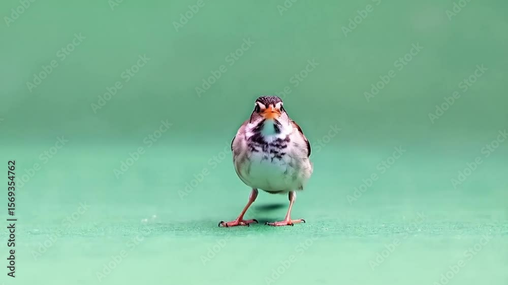 Close up of a brown and white bird pecking at the green surface in a studio environment setting green screen bird video
