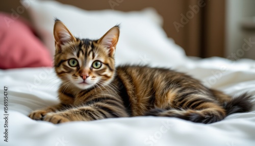 Wallpaper Mural a cute tabby cat lying on a bed and looking at the camera, positioned on the left side of the image with plenty of white space on the right for text overlay Torontodigital.ca