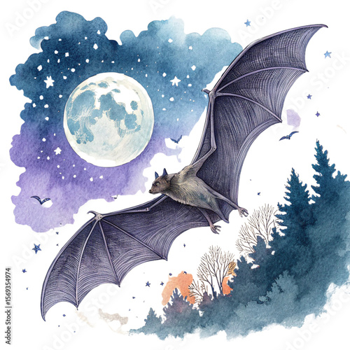 A bat flying gracefully at night under moonlit sky 
