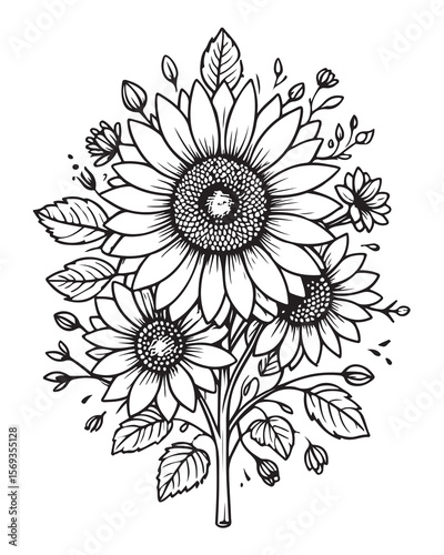 Elegant hand-drawn sunflower bouquet black and white floral illustration for design elements
