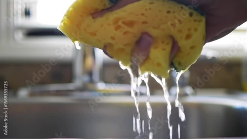 Person squeezing yellow sponge over kitchen sink with water dripping  