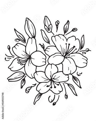 Elegant black and white floral illustration of blooming flowers and delicate leaves