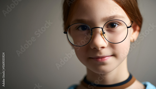 Young girl with glasses gazes thoughtfully into the camera lens