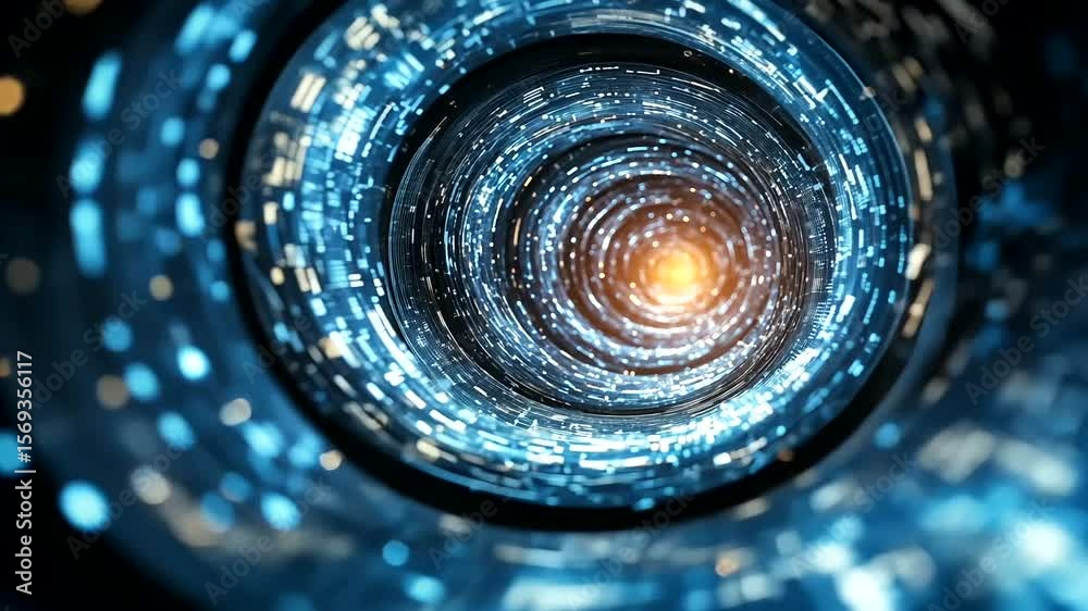 Abstract futuristic technology tunnel with blue neon glowing lights animation