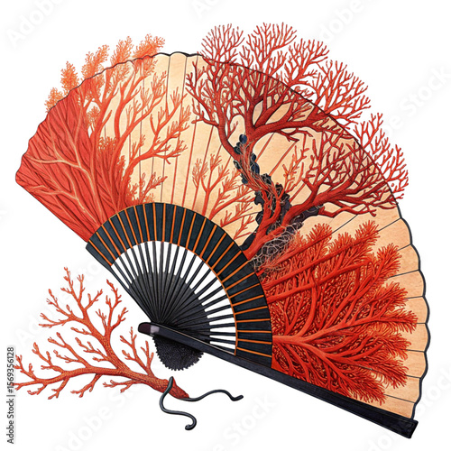 A red,Orange,black Coral Fan image on white background 