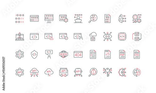 Programming and coding, API system, technical maintenance service for code line icon set. Deploy and operate, build and test code, language thin black and red outline symbols vector illustration
