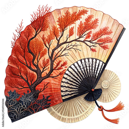 A red,Orange,black Coral Fan image on white background 